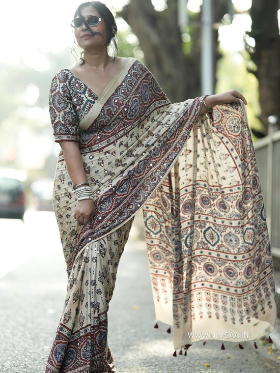 GlamEra By Neera Other - Ajrakh Print Japan Satin Saree with Mirror Work & Latkan